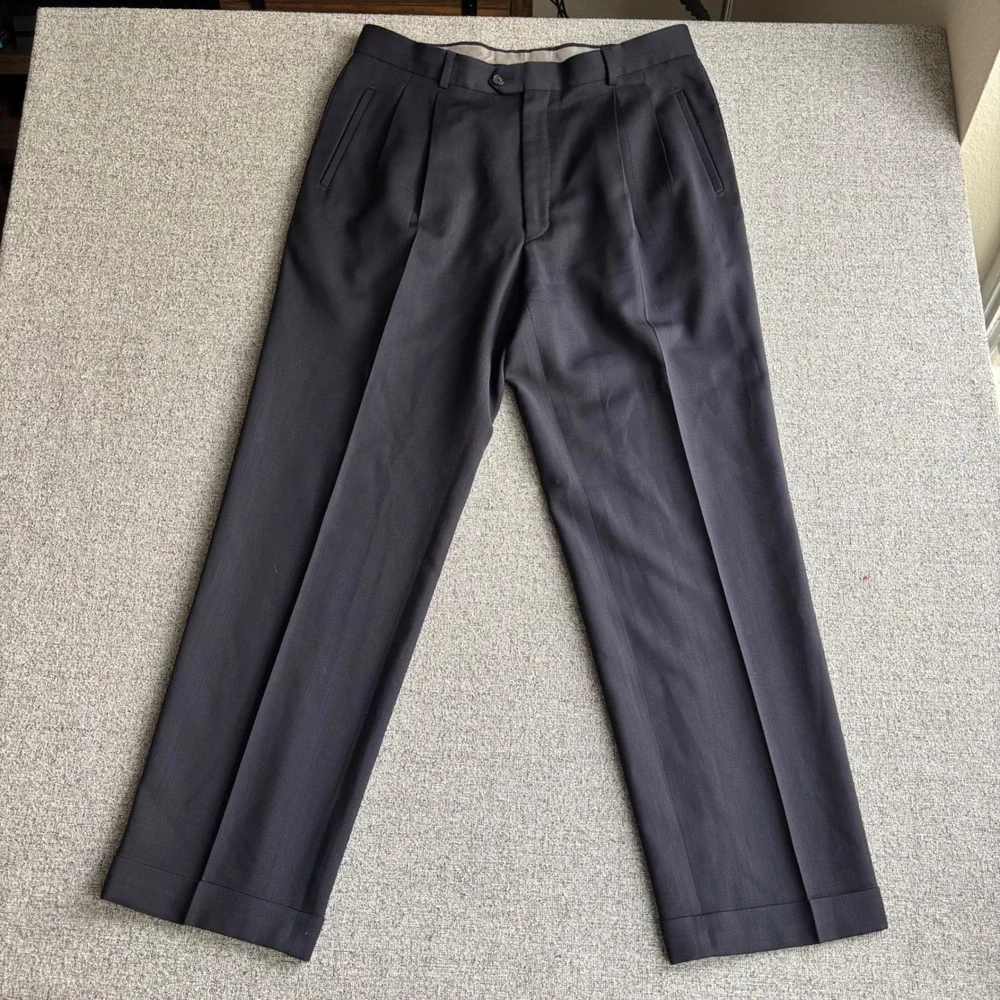 Giorgio Sanetti Dress Pants Mens 36x32 Pleated Dark Navy Super 100s Merino Wool